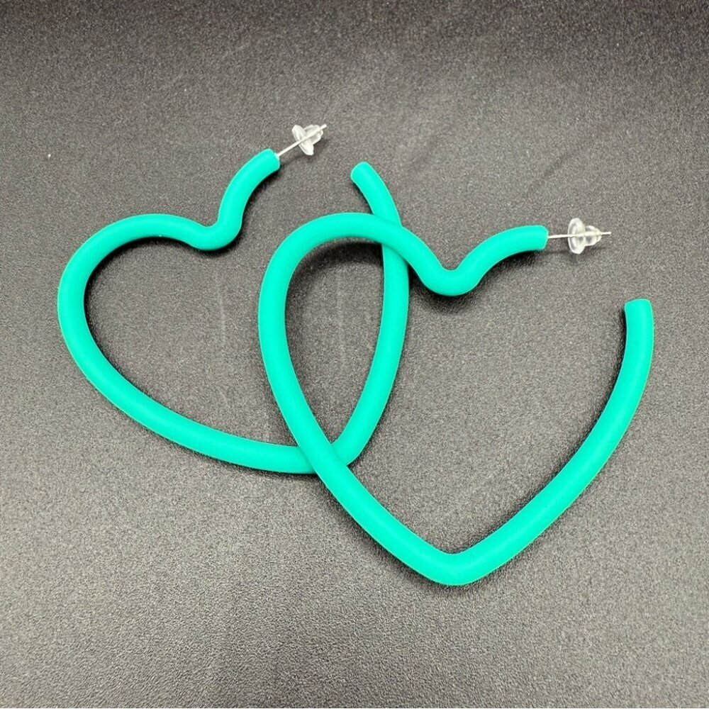 Large Teal Green Heart Hoop Earrings - Pierced